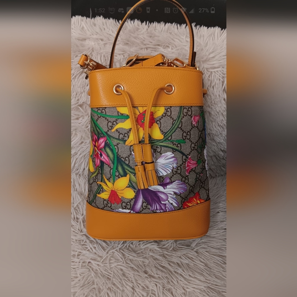 GUCCI Ophidia Flora Small GG Canvas Bucket Bag Yellow